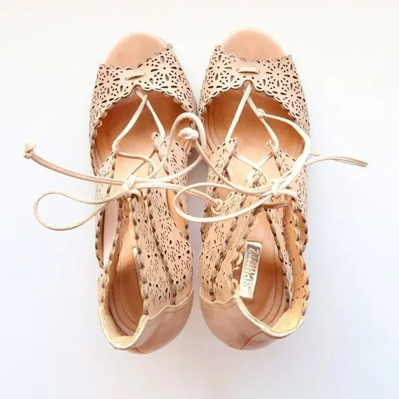Schutz Tan Perforated Leather Heels Lace-up Peep Toe Summer Shoes Size 6.5 - Picture 3 of 16